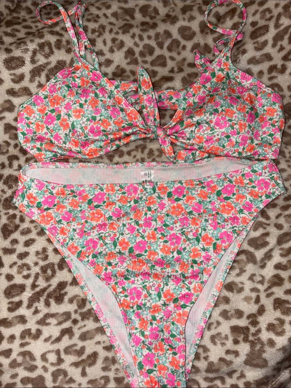 SHEIN Pink & Orange Floral Tie-Front Ribbed Bikini